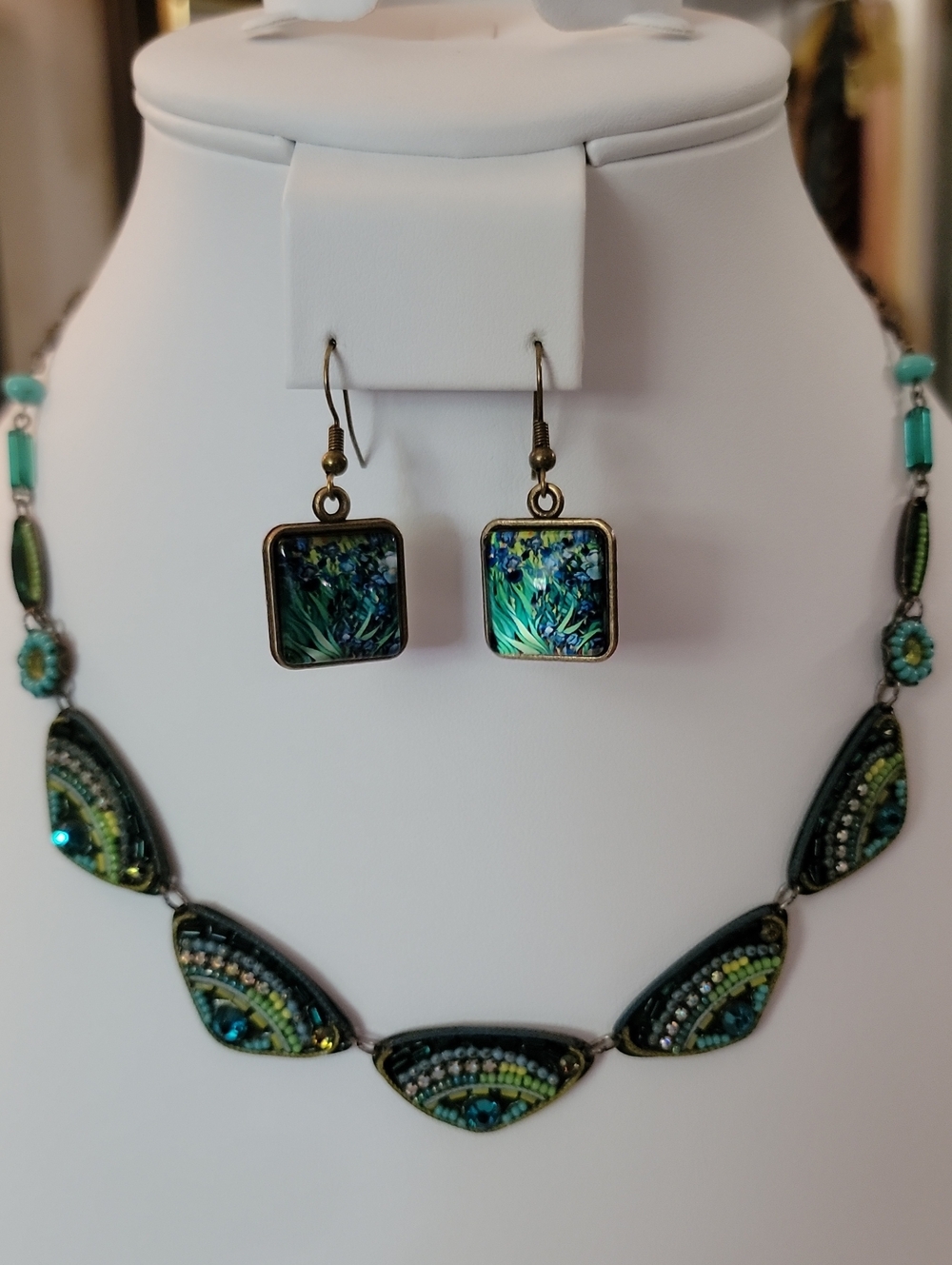 ADAYA Turquoise And Green Bead Necklace And Van Gogh Earring Set